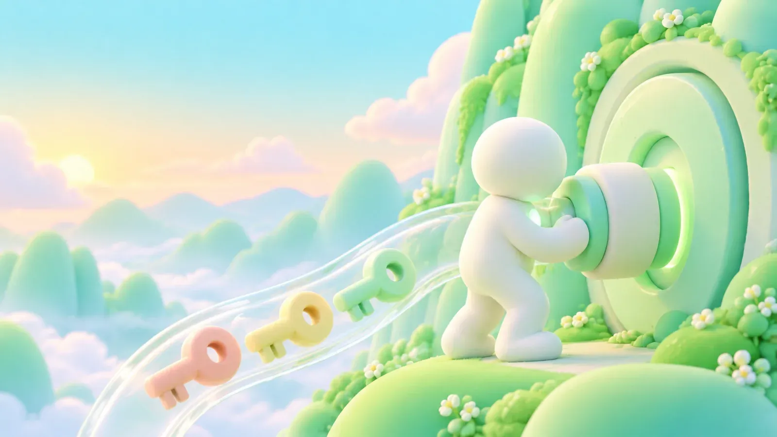 A figure plugging a large green plug into a round socket in a hillside, keys floating along its cable.