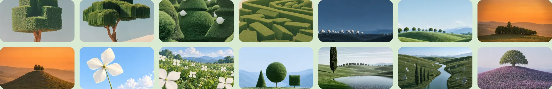 Fourteen pictures in two rows, topiary trees and hedges, a sky full of cloud, an orange dusk, white flowers shaped like plus signs, a cypress by a pond and a tree on a lavender hill.
