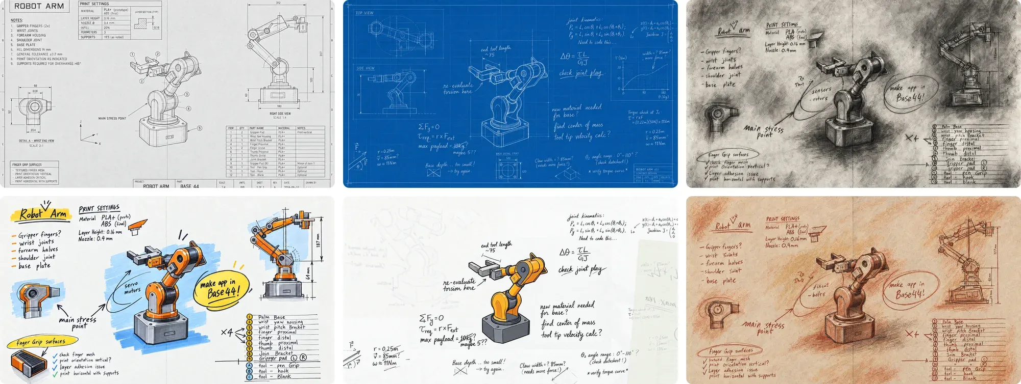 Six versions of the robot arm sketch in a grid, technical drawing, blueprint, charcoal, marker, ink and conte crayon.