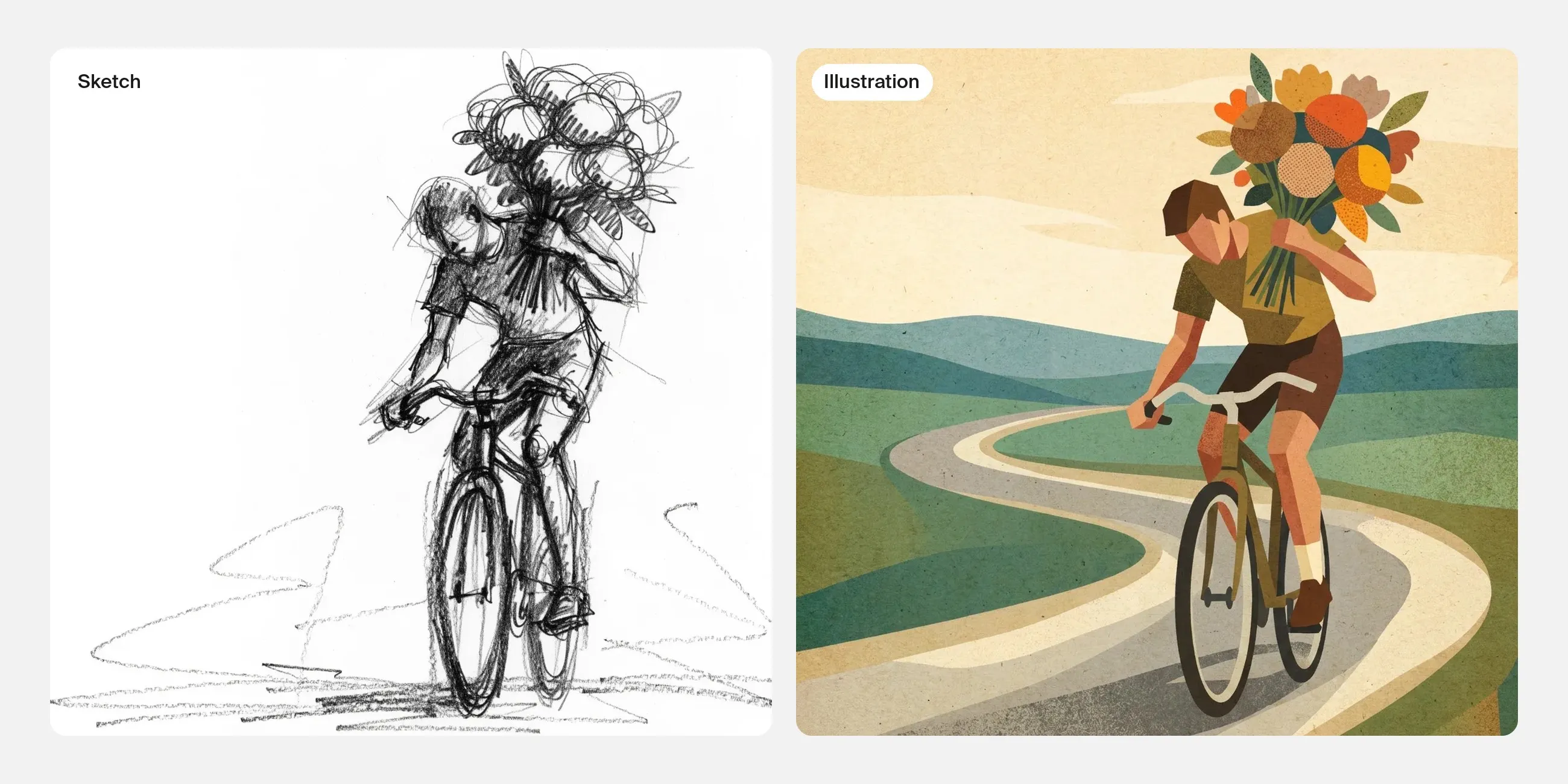 A loose pencil sketch of a cyclist carrying a huge bouquet, beside the flat illustration developed from it: the cyclist leaning forward on a winding road through green hills, the bouquet in orange and pink.