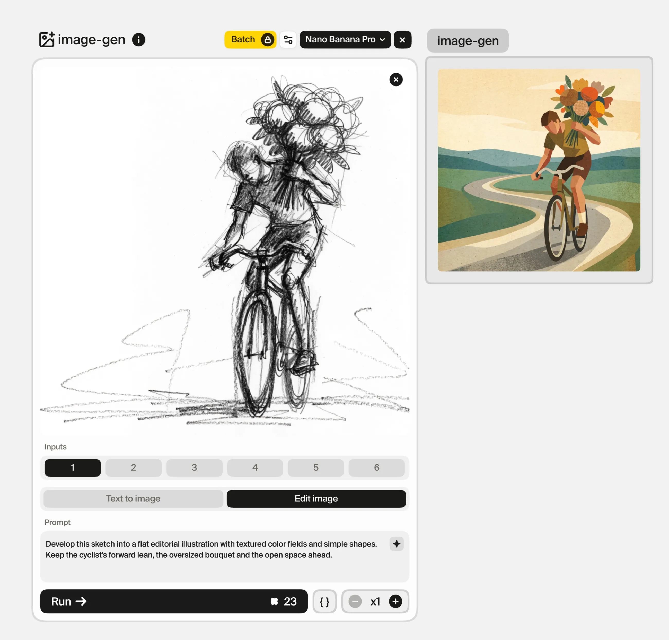 The image-gen card set to edit an image, holding the sketch and the instruction to develop it into a flat editorial illustration while keeping the forward lean, the oversized bouquet and the open space ahead, beside the first result.