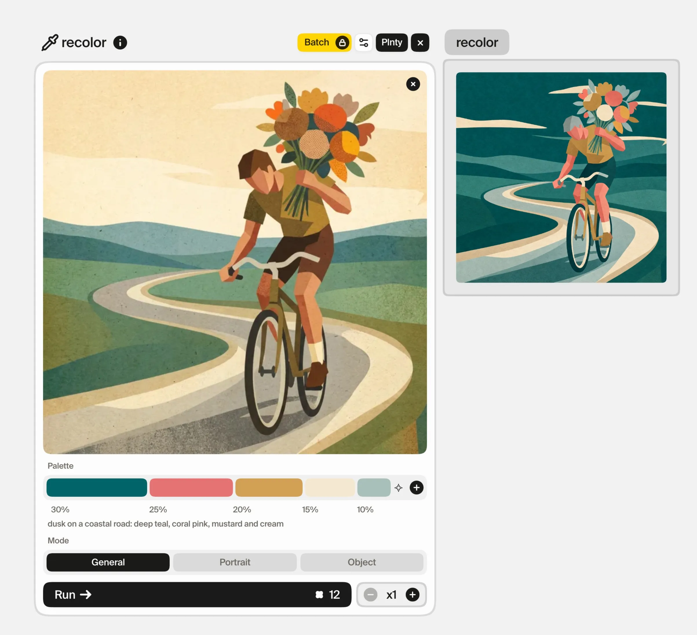 The recolor card holding the illustration, with a palette written from the words “dusk on a coastal road”: deep teal 30%, coral 25%, mustard 20%, cream 15% and sage 10%, beside the recolored illustration in teal and coral.