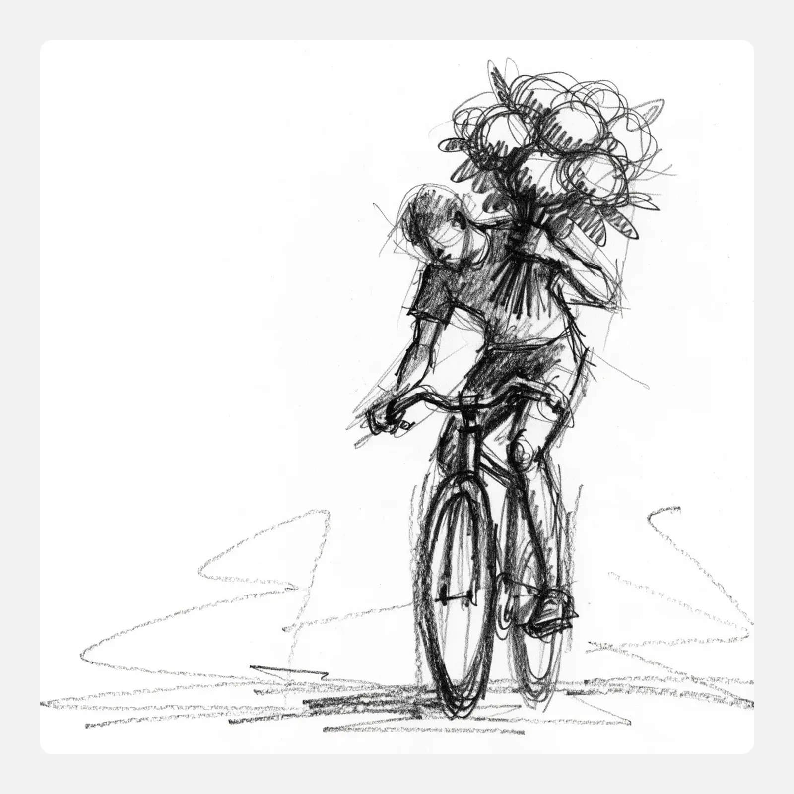 A loose pencil sketch of a cyclist riding toward the viewer, leaning forward, an oversized bouquet held up over one shoulder and empty paper to the left.