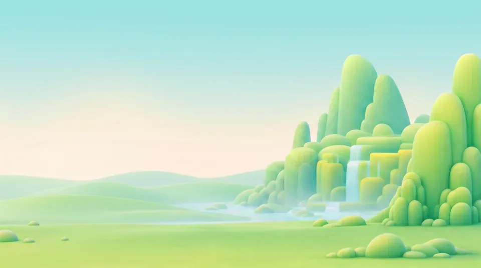 The Foundations world: green hills and a waterfall, its left side open.