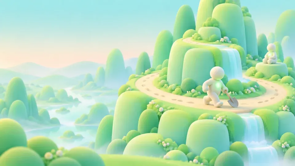 A scene in the Foundations world: a figure on green hills by a waterfall.