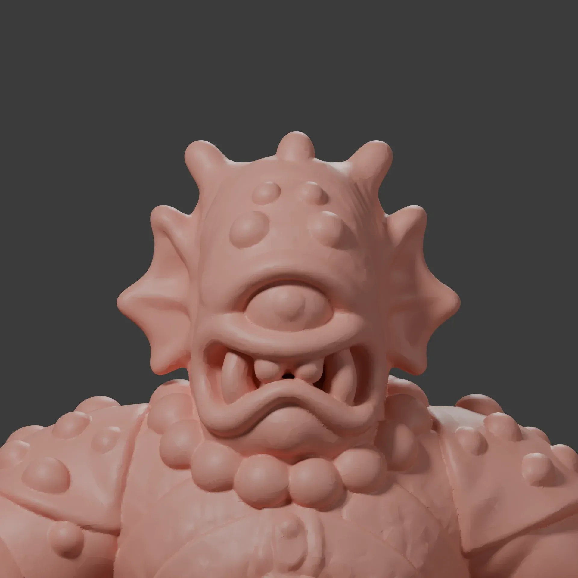 The cyclops's mesh with the close-ups, its eye with a raised iris and pupil, its teeth separate and its skin grained.