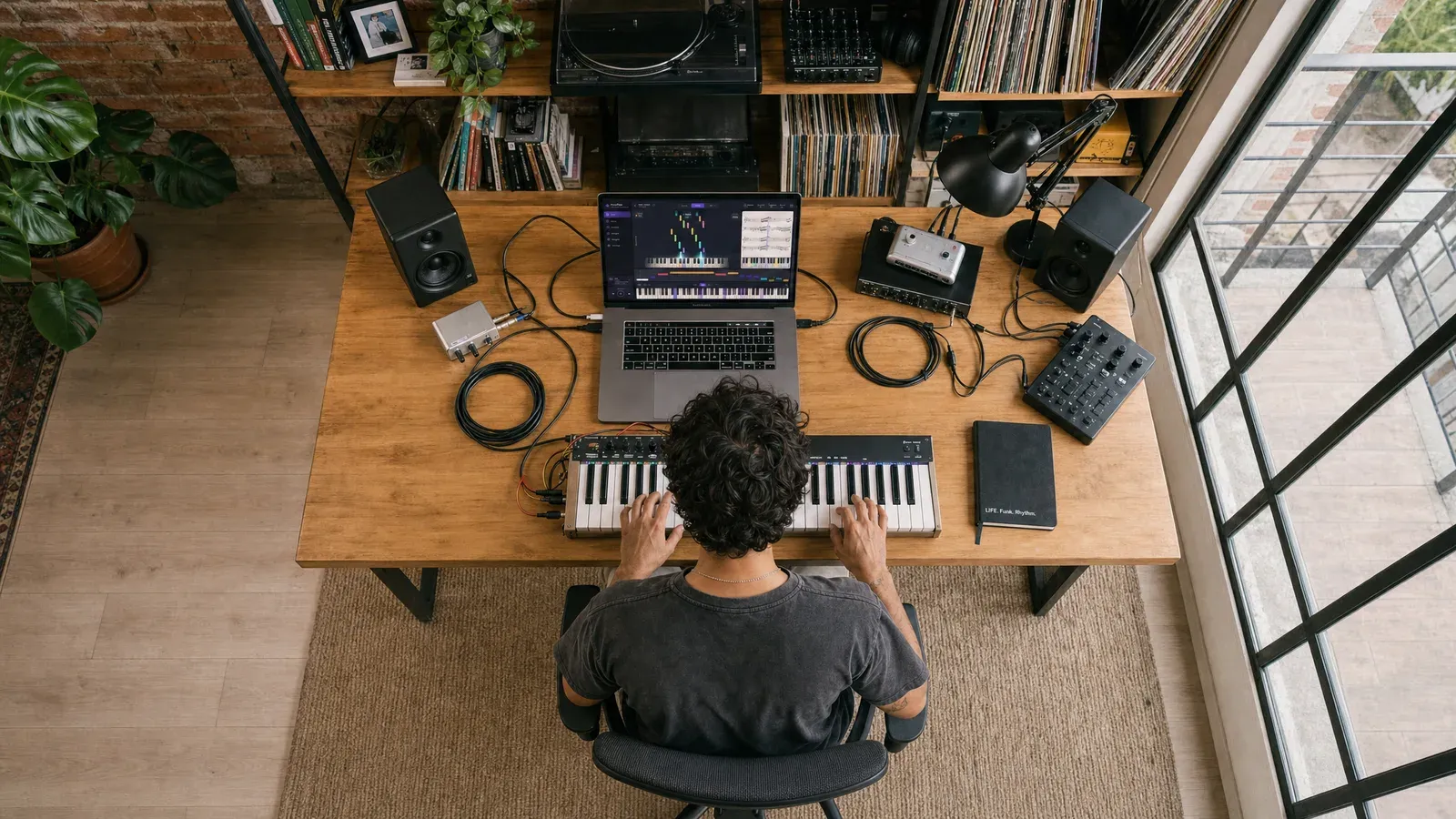 A view from directly above a desk with a laptop, a keyboard and a man playing.
