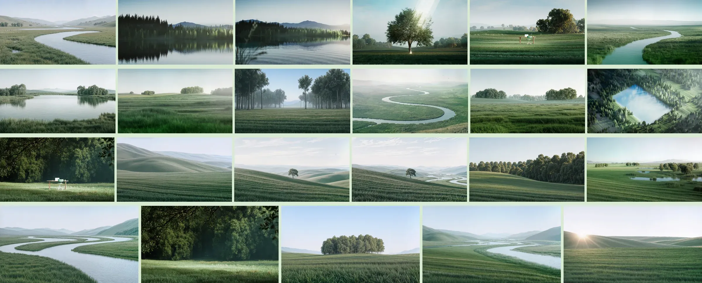 Twenty-three renders in four rows, winding rivers, still lakes, single trees and soft green hills under pale skies.