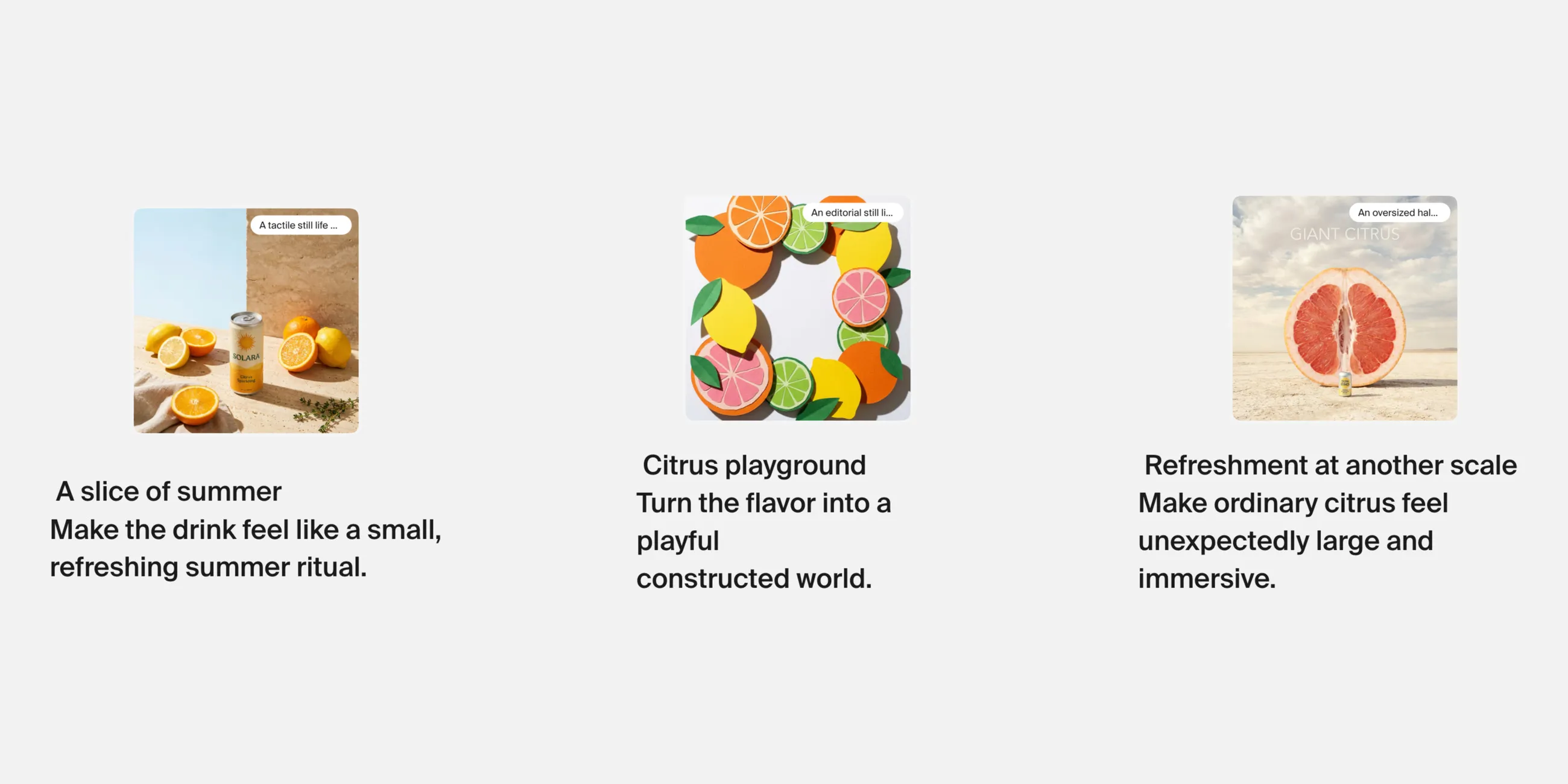Three drink routes side by side on a Plnty canvas, a sunlit still life of a can among oranges and lemons, a frame of cut-paper citrus shapes, and a giant halved grapefruit on a salt flat with a small can at its base, each with a note naming the route and its idea.