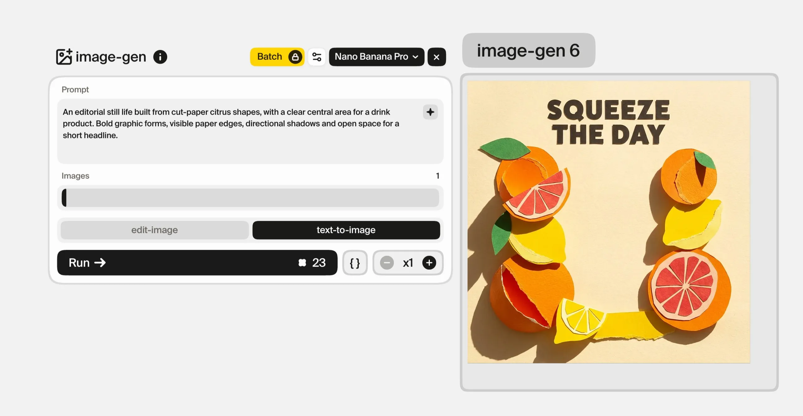 The image-gen card in text-to-image mode with Nano Banana Pro, holding the cut-paper prompt, beside the scene it made, cut-paper oranges, lemons and grapefruit halves framing an open centre under the headline “Squeeze the day”.