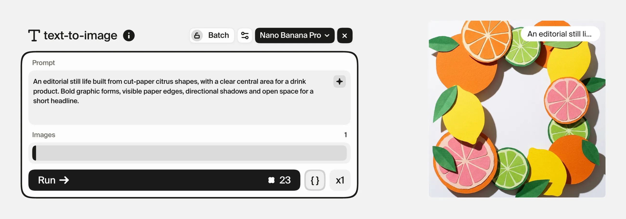 The text-to-image card holding the cut-paper prompt, beside the scene it made, a ring of paper orange, lemon, lime and grapefruit slices around an empty white centre.