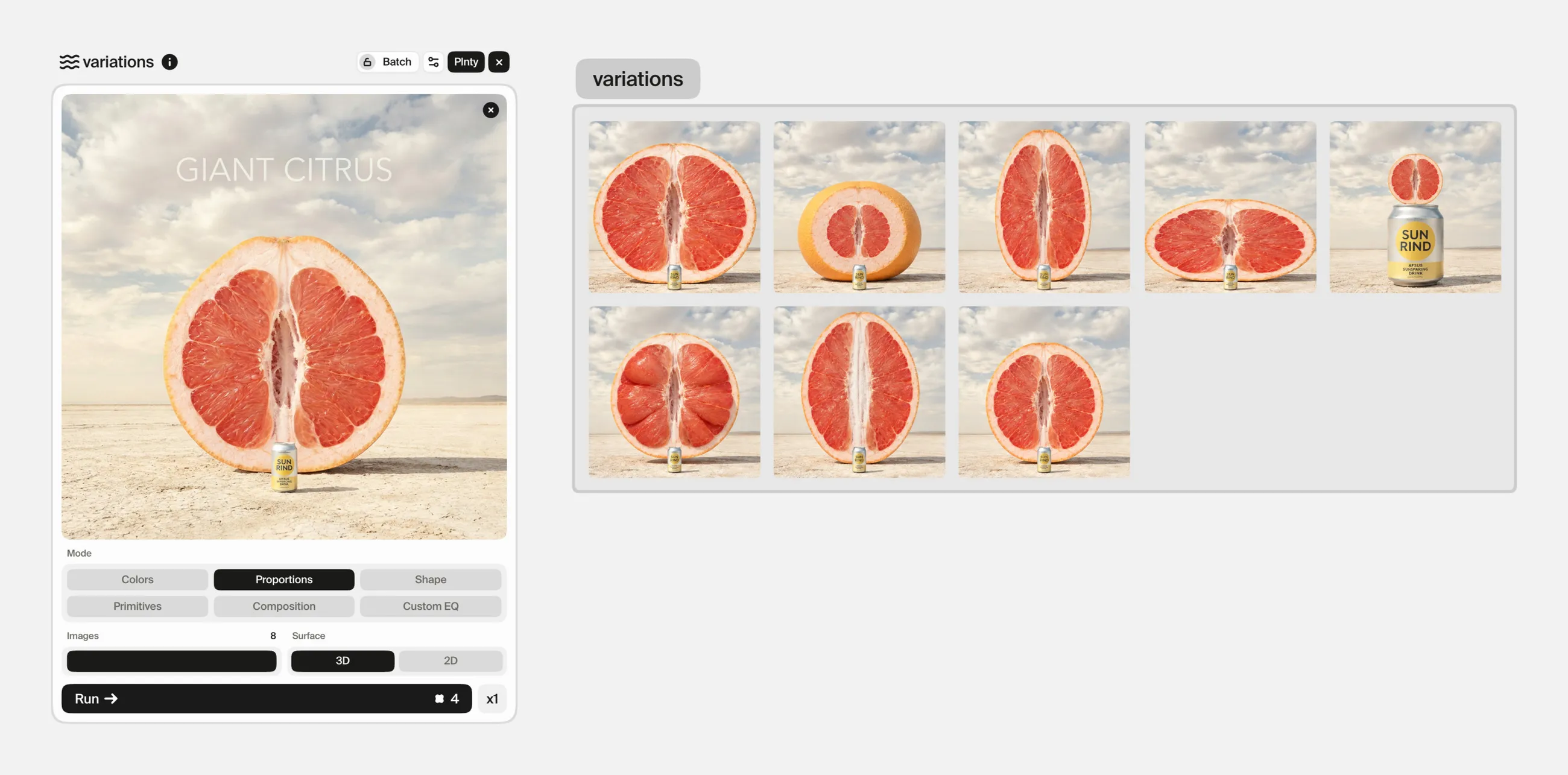 The variations card set to Proportions mode on the giant grapefruit image, beside eight versions that change the size of the fruit and the can, one with the can larger than the fruit.