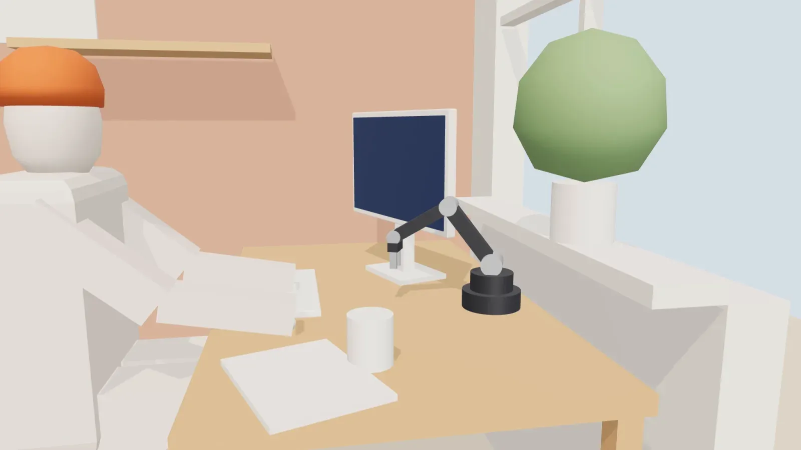 The clay desk set from scene-builder, a figure in an orange beanie at a desk with a monitor and a robot arm.