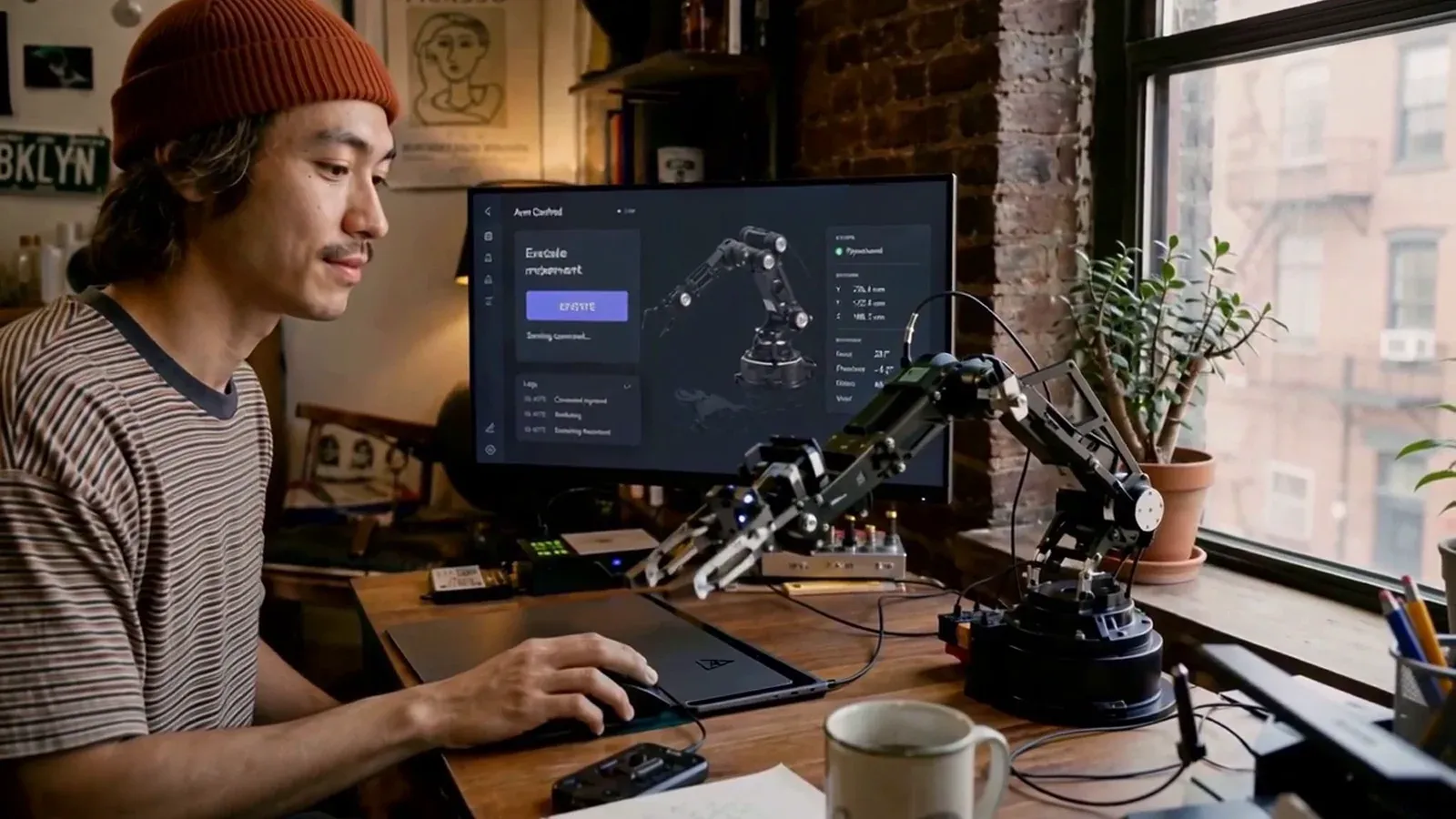 The same shot painted, a man in an orange beanie at his desk, the monitor showing the arm’s app and the black robot arm beside it.
