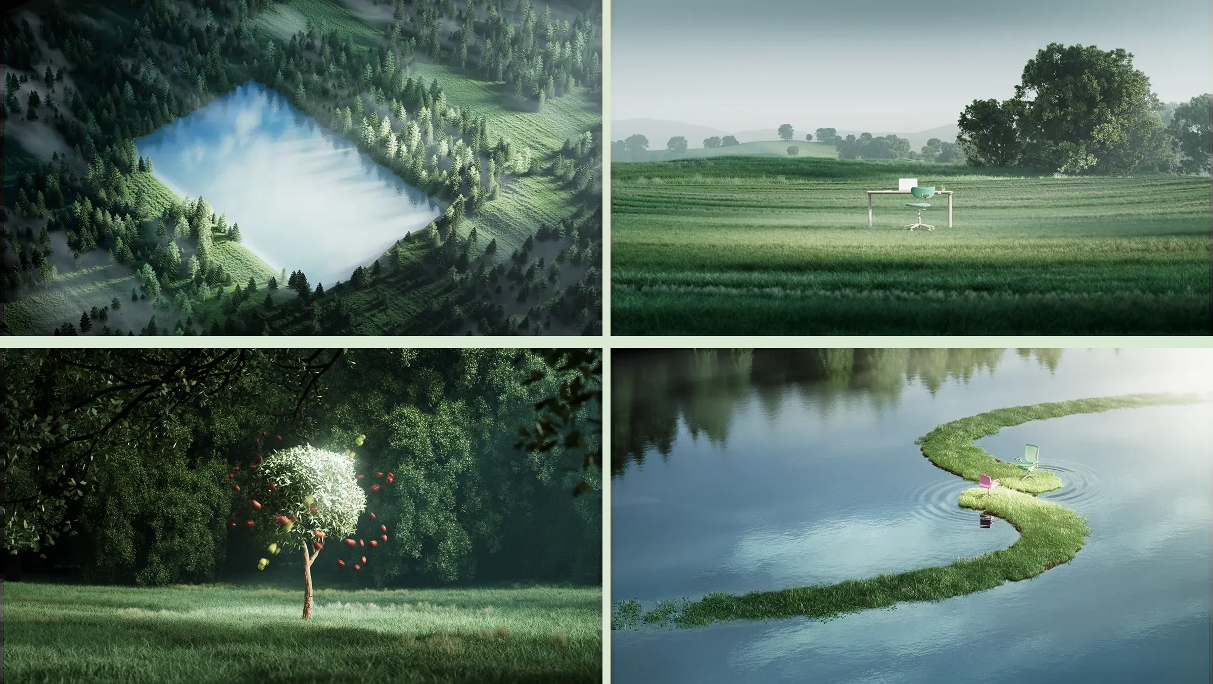 Four renders two by two, a square lake cut into a forest, a desk under a tree in a field, a tree in blossom, and a path of grass across still water.