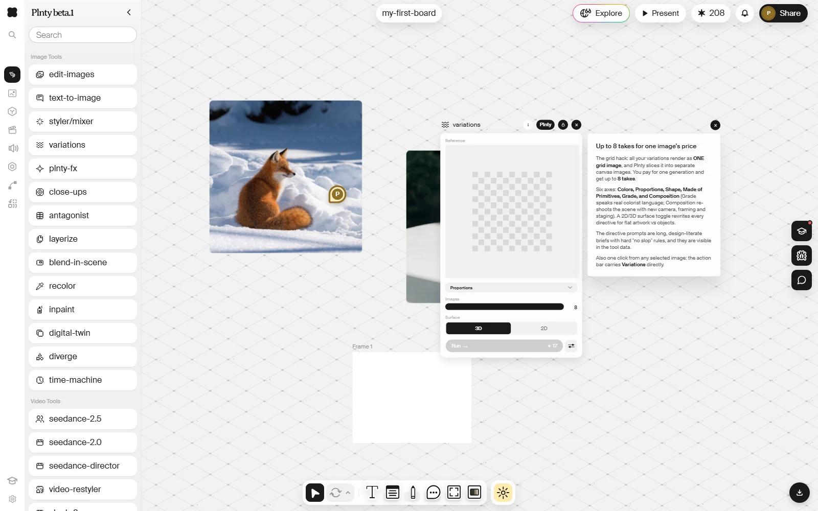 A board with all four edges in view: the tool sidebar on the left, the board name and
controls along the top, the three bubbles on the right, and the toolbar along the bottom.
A tool card sits open on the canvas beside an image.
